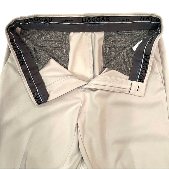 Haggar Slim Fit Cool 18 Pro Flat Front Classic Tan Khaki Dress Pants 34 x 34 - Picture 4 of 9
